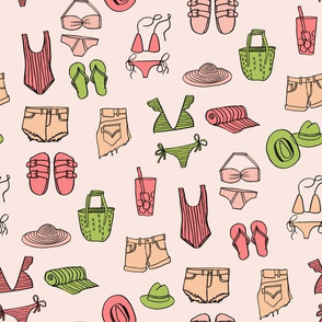 summer uniform // bathing suit beach flip flops swimsuit bikini vacation beach fabric pink