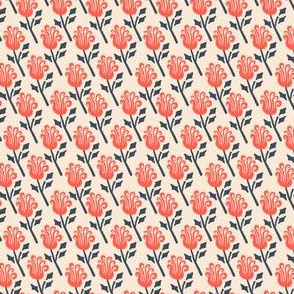 Funky Vintage Floral // Whimsical Waving Flower in Persimmon + Navy Blue 