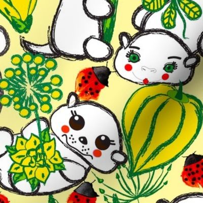 White Otters in a Yellow Garden with Red Ladybugs
