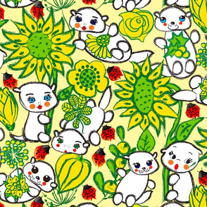 White Otters in a Yellow Garden with Red Ladybugs