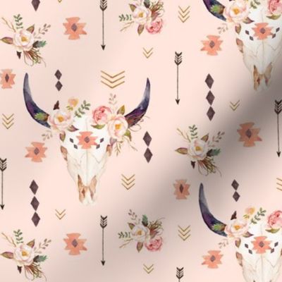 Boho Aztec Bison Skull Flowers (baby pink) – Longhorn Bull Horns Southwest Baby Girl Nursery A