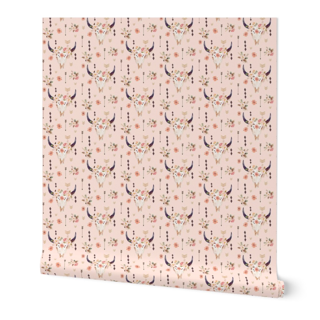 Boho Aztec Bison Skull Flowers (baby pink) – Longhorn Bull Horns Southwest Baby Girl Nursery B