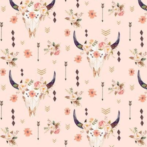 Boho Aztec Bison Skull Flowers (baby pink) – Longhorn Bull Horns Southwest Baby Girl Nursery B