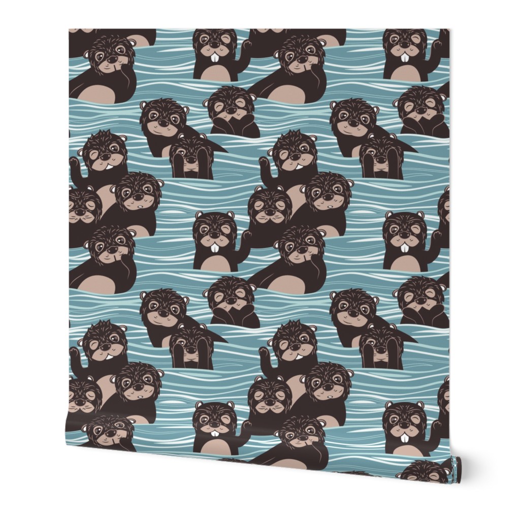 Normal scale // Otters dazzling the audience // neptune blue background brown cute animals