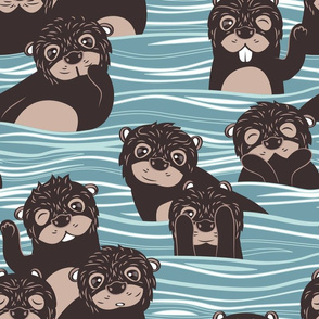 Normal scale // Otters dazzling the audience // neptune blue background brown cute animals