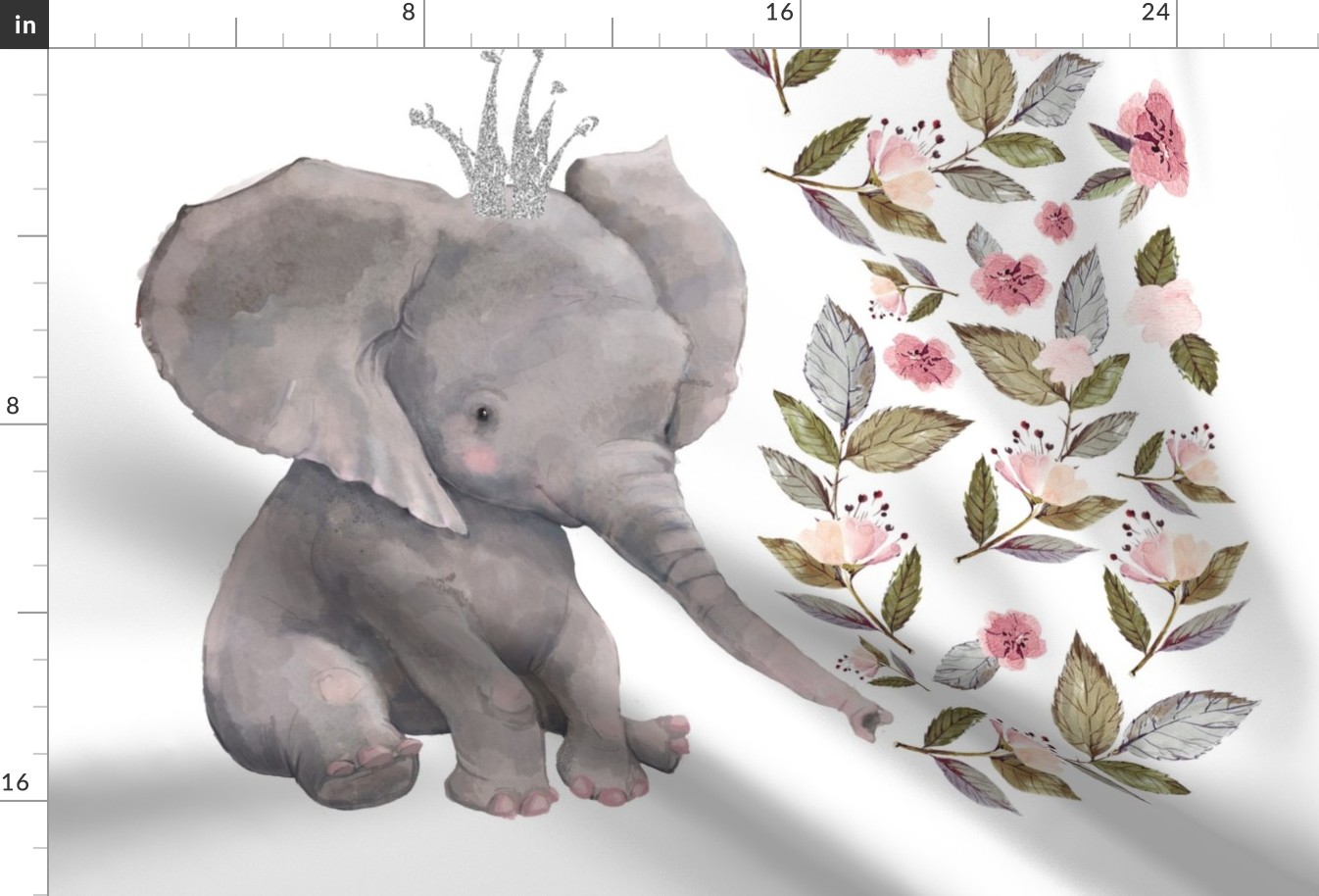 27"x36" / 2 to 1 Yard of Minky / Baby Elephant with Flowers & Crown