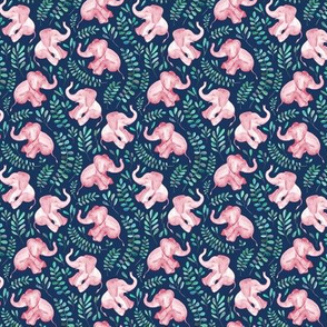 Tiny Laughing Pink Baby Elephants on Navy
