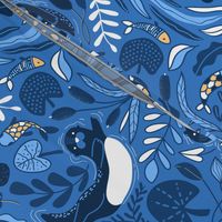 Design of fabric with cute otters. Adorable funny animals and beautiful plants.