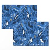 Design of fabric with cute otters. Adorable funny animals and beautiful plants.