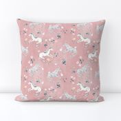 Watercolor Unicorns and botanical flowers blush background 