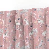 Watercolor Unicorns and botanical flowers blush background 