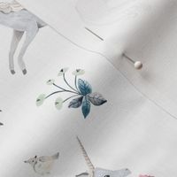 Watercolor unicorns and botanical flowers white background
