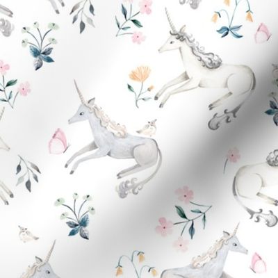 Watercolor unicorns and botanical flowers white background