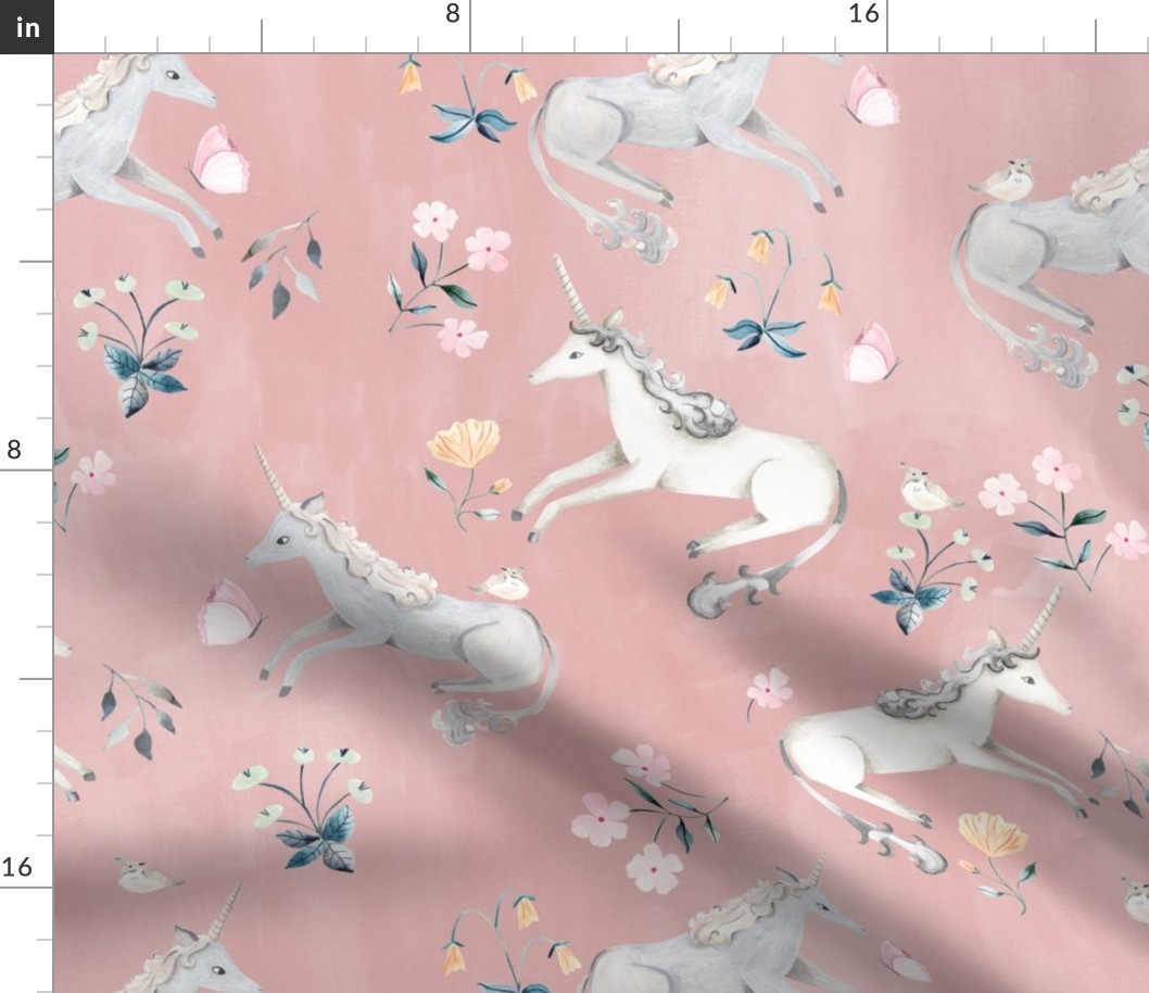 LARGE Blush Hand Painted Unicorns / Floral Unicorn Fabric/ Blush Unicorn