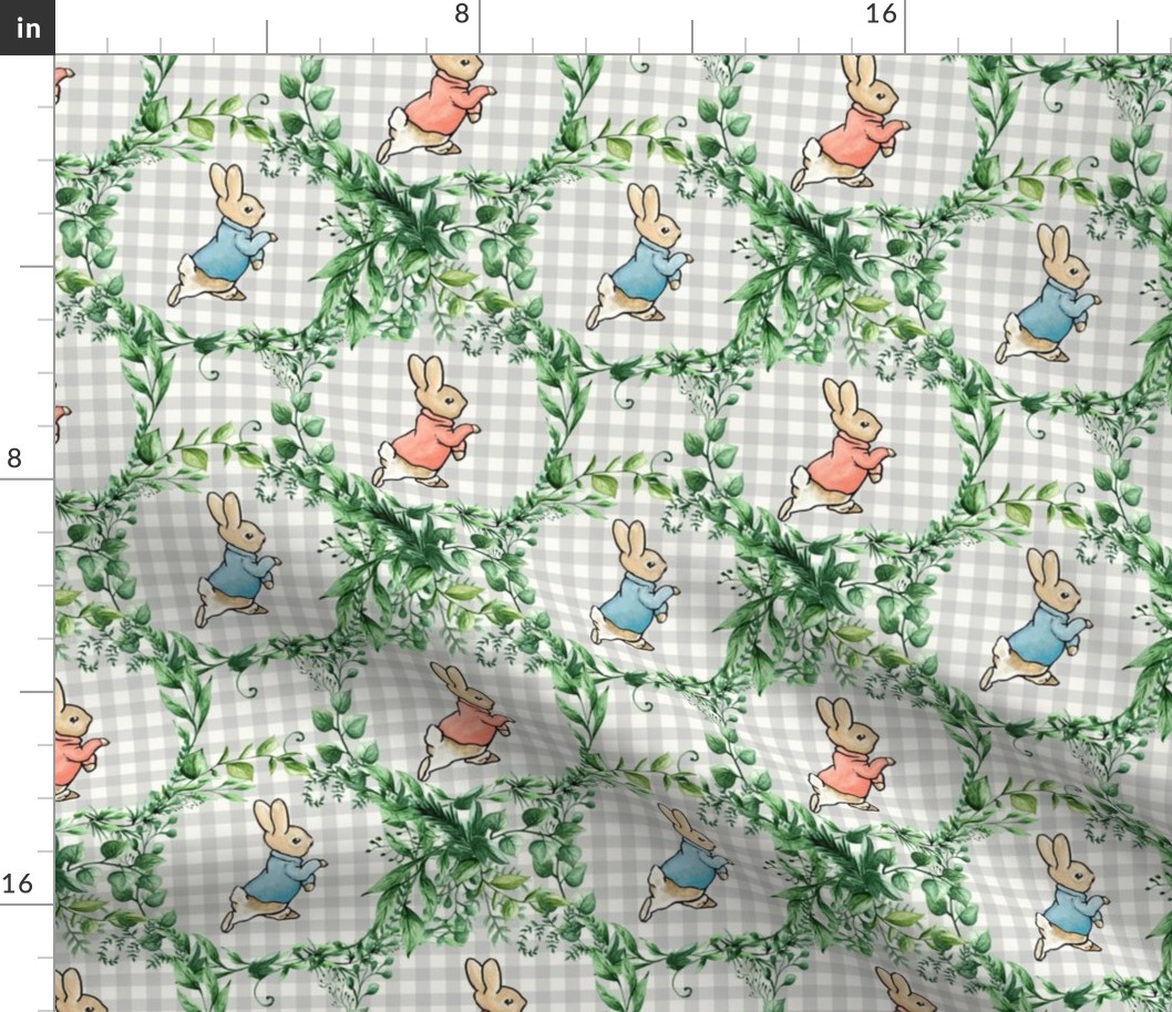 Peter Rabbit on Gray Gingham with Greenery
