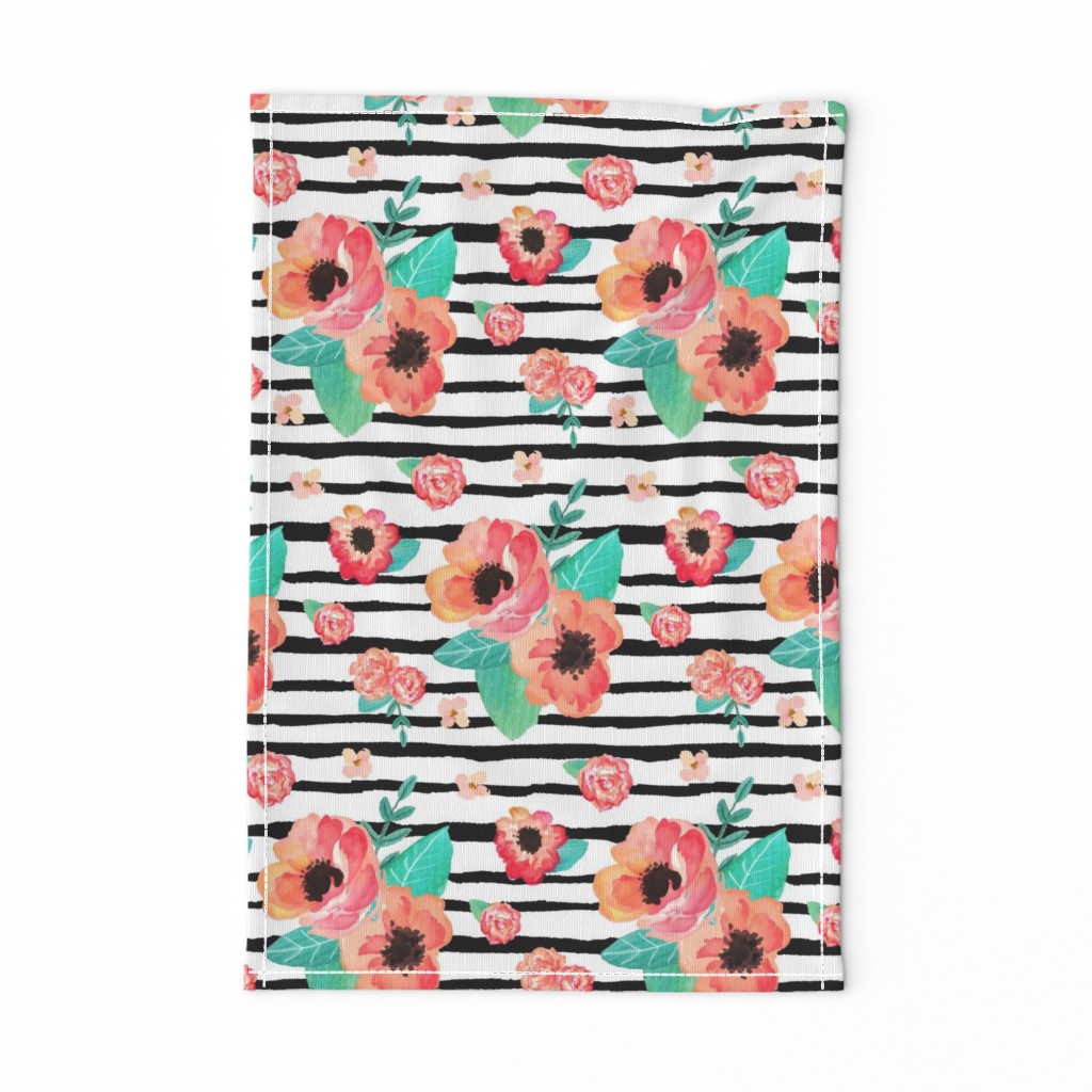 Summer Floral & Stripes - Coral & Peach Flowers Garden Blooms Baby Girl Nursery GingerLous A