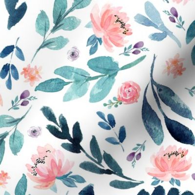 Blush Peach Watercolor Peonies & Teal/Blue Leaves - Large Scale