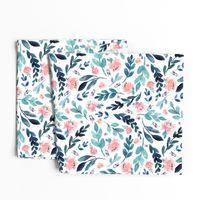 Blush Peach Watercolor Peonies & Teal/Blue Leaves - Large Scale