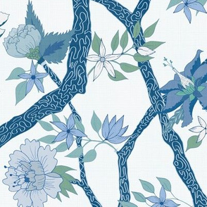 Smaller Scale Peony Branch Mural in blues and greens