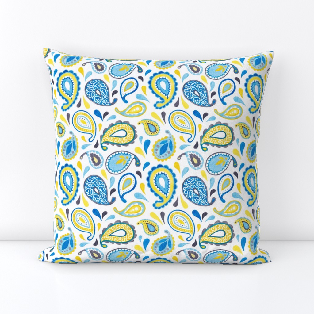 Paisley - blue/yellow on white