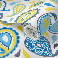 Paisley - blue/yellow on white