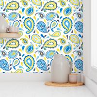 Paisley - blue/yellow on white