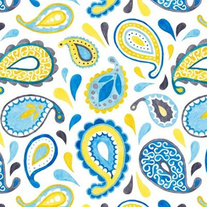 Paisley - blue/yellow on white