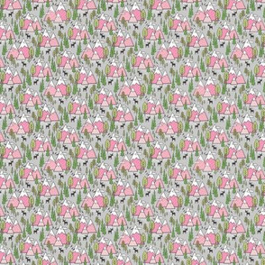 Mountains Forest Woodland Trees & Moose Pink on Grey Tiny Small