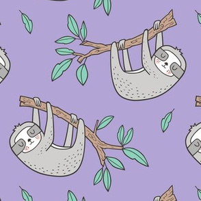 Sloth Sloths on Tree Branch with Leaves on Lavender Purple