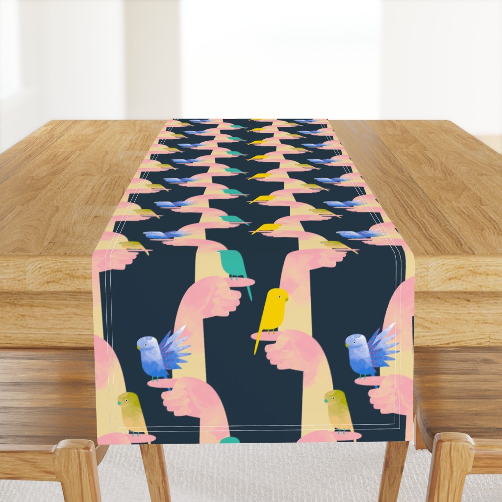 Budgies on fingers fabric grey