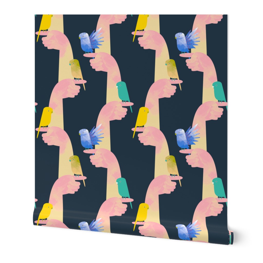 Budgies on fingers fabric grey