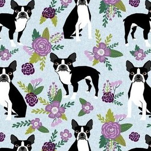 Boston Terrier Floral - Pet Quilt C - dog floral, florals,  - blue