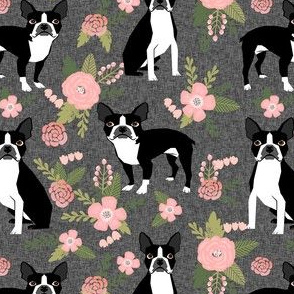 Boston Terrier Floral - Pet Quilt D - dog floral, florals,  - charcoal