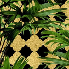 Tropical Palm Leaves on Quatrefoil Black Gold 