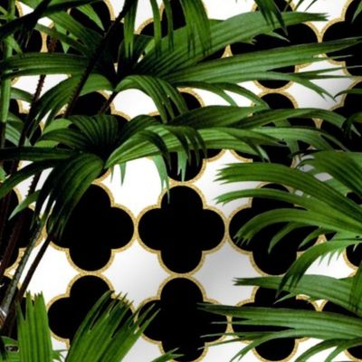 Tropical Palm Leaves on Quatrefoil Black White Gold 