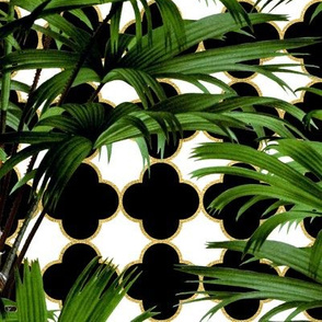 Tropical Palm Leaves on Quatrefoil Black White Gold 