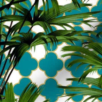 Tropical Palm Leaves on Quatrefoil White Teal Gold 