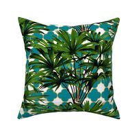 Tropical Palm Leaves on Quatrefoil White Teal Gold 