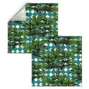 Tropical Palm Leaves on Quatrefoil White Teal Gold 