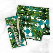 Tropical Palm Leaves on Quatrefoil White Teal Gold 