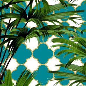 Tropical Palm Leaves on Quatrefoil White Teal Gold 