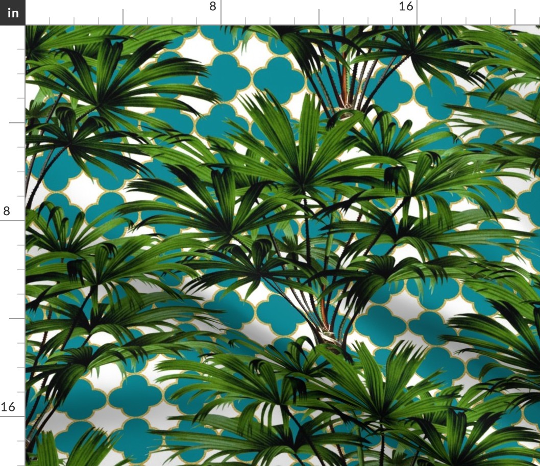 Tropical Palm Leaves on Quatrefoil White Teal Gold 