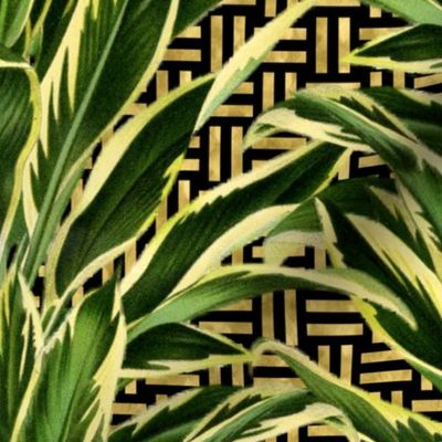 Tropical Palm Leaves on Stitch Black Gold 