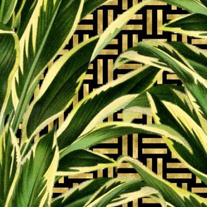 Tropical Palm Leaves on Stitch Black Gold 