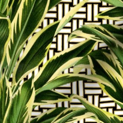 Tropical Palm Leaves on Stitch Black White Gold 