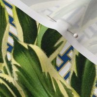 Tropical Palm Leaves on Stitch Blue White Gold 