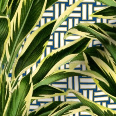 Tropical Palm Leaves on Stitch Blue White Gold 