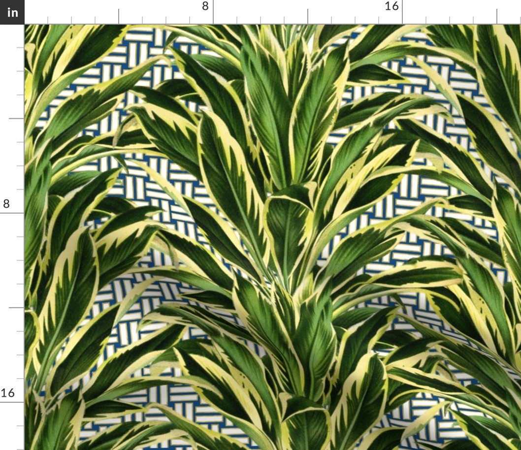 Tropical Palm Leaves on Stitch Blue White Gold 