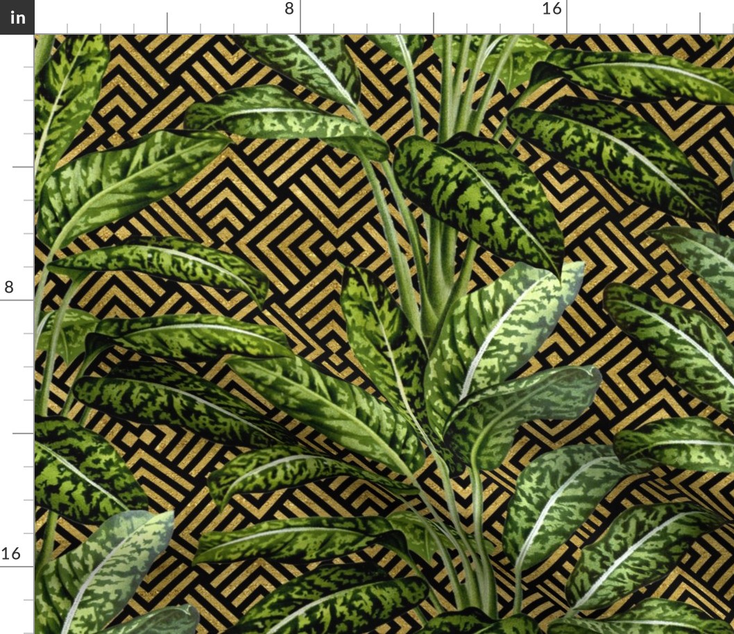 Tropical Palm Leaves on Square Shingles Black Gold 