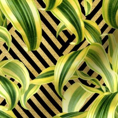 Tropical Palm Leaves on Stripped Herringbone Black Gold 